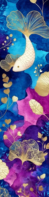 Free printable fish bookmark featuring gold fish with gold plants